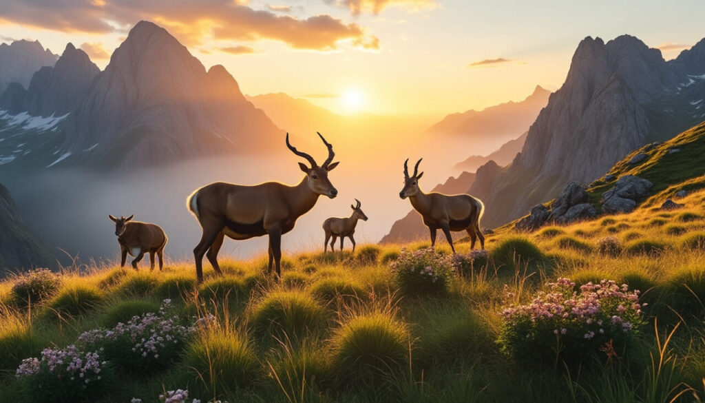 vivez une expérience unique en observant les chamois au lever du soleil dans le parc national du mercantour. un moment magique pour les amoureux de la nature et de la faune sauvage !