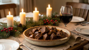 Table conviviale d’hiver avec un plat de civet de sanglier, un verre de vin rouge, et une lumière chaleureuse de salle à manger.