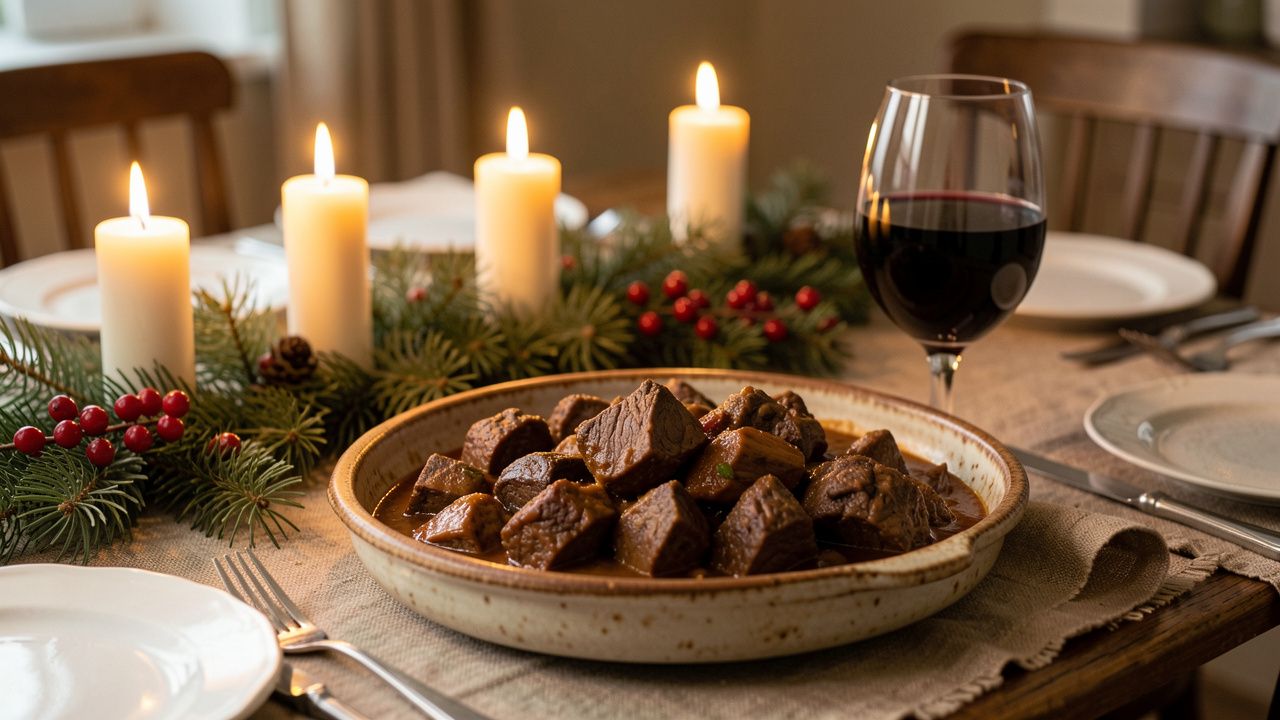 Table conviviale d’hiver avec un plat de civet de sanglier, un verre de vin rouge, et une lumière chaleureuse de salle à manger.