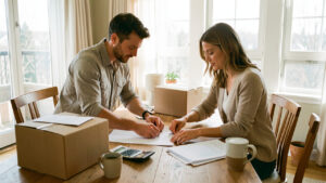 Un homme et une femme préparent ensemble un budget de déménagement autour d’une table, avec des cartons, des feuilles vierges et une calculatrice dans un appartement lumineux.