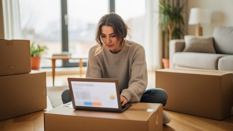 Une locataire assise devant des cartons de déménagement consulte son espace d’aides sociales sur un ordinateur portable dans un appartement lumineux.