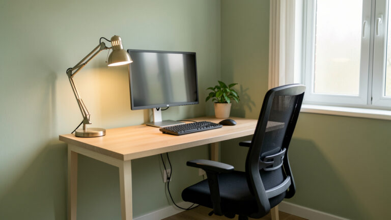 Petit bureau de télétravail aménagé pour réduire la fatigue visuelle, avec écran à hauteur des yeux, lampe réglable, lumière naturelle et plante verte.
