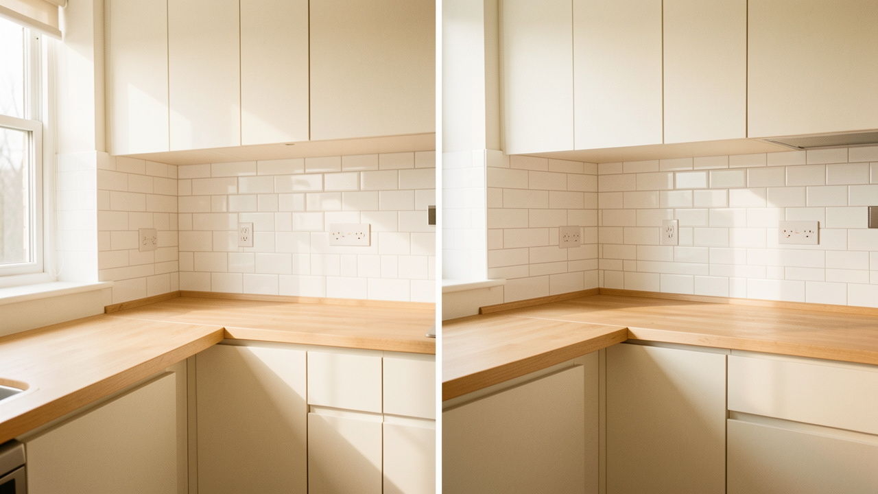 Cuisine en location lumineuse présentée avant et après relooking, avec une crédence adhésive effet carrelage blanc installée sans perçage derrière un plan de travail en bois clair.
