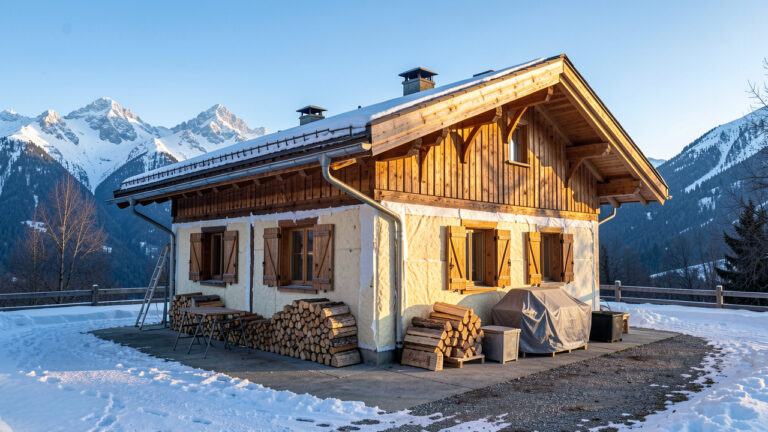 Maison isolée en montagne préparée pour l’hiver, avec bois empilé, volets fermés, mobilier extérieur protégé et paysage alpin en arrière-plan.