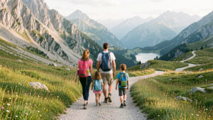 Une famille avec deux enfants de 6 et 9 ans marche sereinement sur un sentier du parc national du Mercantour, entourée de prairies alpines et de montagnes.