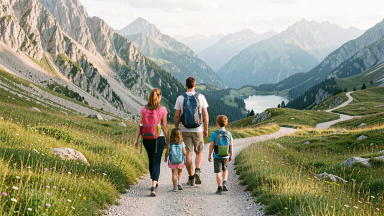 Une famille avec deux enfants de 6 et 9 ans marche sereinement sur un sentier du parc national du Mercantour, entourée de prairies alpines et de montagnes.