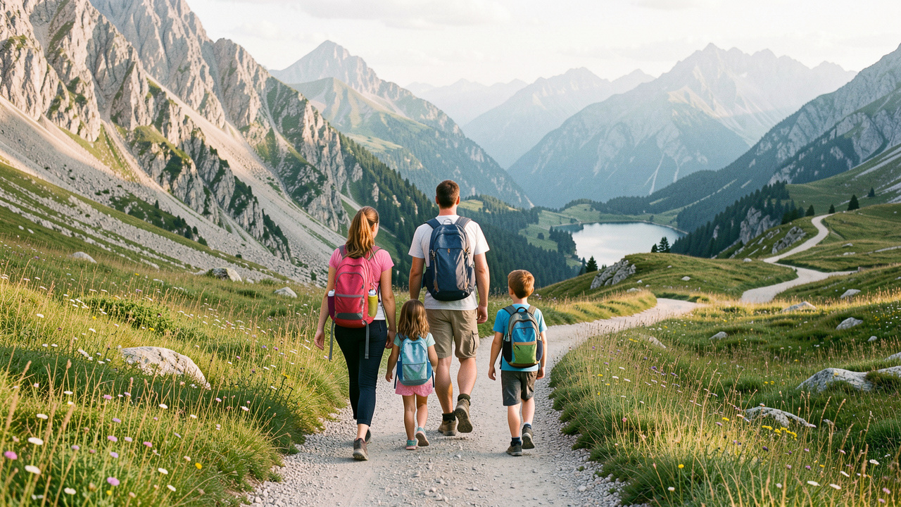Une famille avec deux enfants de 6 et 9 ans marche sereinement sur un sentier du parc national du Mercantour, entourée de prairies alpines et de montagnes.
