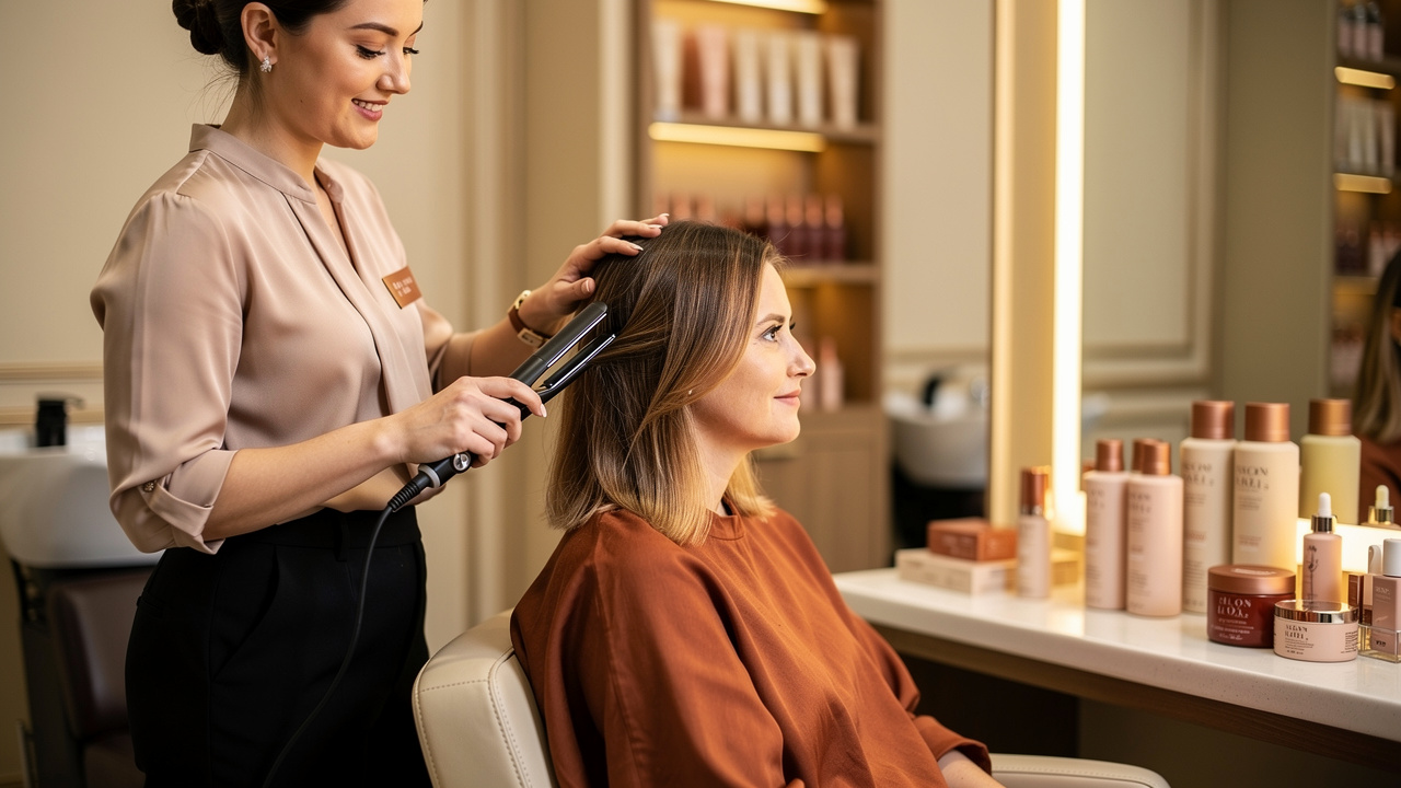 Une conseillère en boutique de coiffure montre un lisseur et des produits pour cheveux colorés à une cliente, devant un présentoir de matériel professionnel.