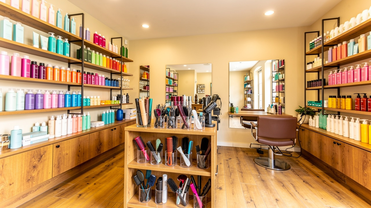 Intérieur lumineux et chaleureux d’un magasin de coiffure professionnel à Angers, avec rayons de shampooings, soins capillaires et accessoires.
