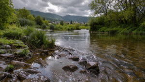 Vue réaliste de Lourdes au bord du gave de Pau après une pluie soutenue, avec des berges végétalisées, une lumière douce et les montagnes pyrénéennes en arrière-plan.
