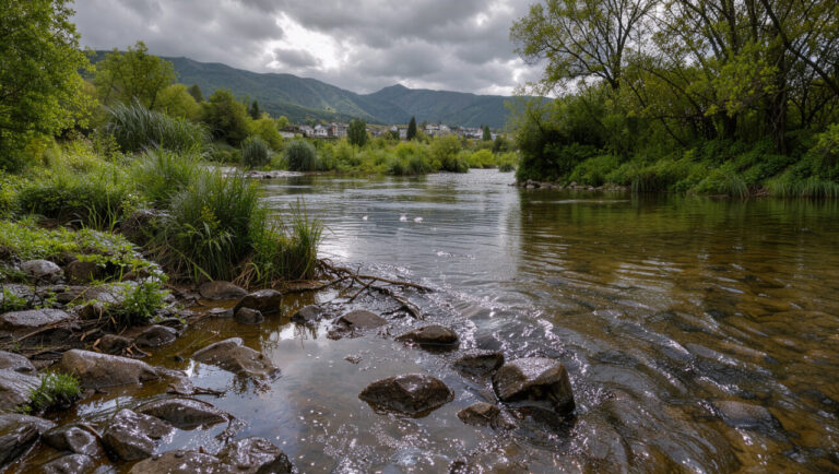 Vue réaliste de Lourdes au bord du gave de Pau après une pluie soutenue, avec des berges végétalisées, une lumière douce et les montagnes pyrénéennes en arrière-plan.
