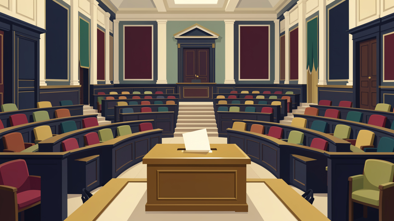 Illustration éditoriale d’un Parlement italien stylisé avec une urne électorale au premier plan, des sièges colorés et une ambiance institutionnelle sobre.
