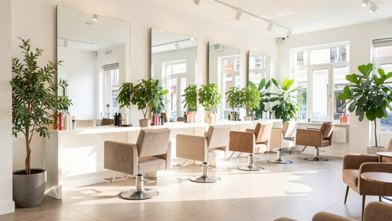 Salon de coiffure moderne et lumineux à Angers, avec fauteuils élégants, grands miroirs, plantes vertes et ambiance professionnelle.