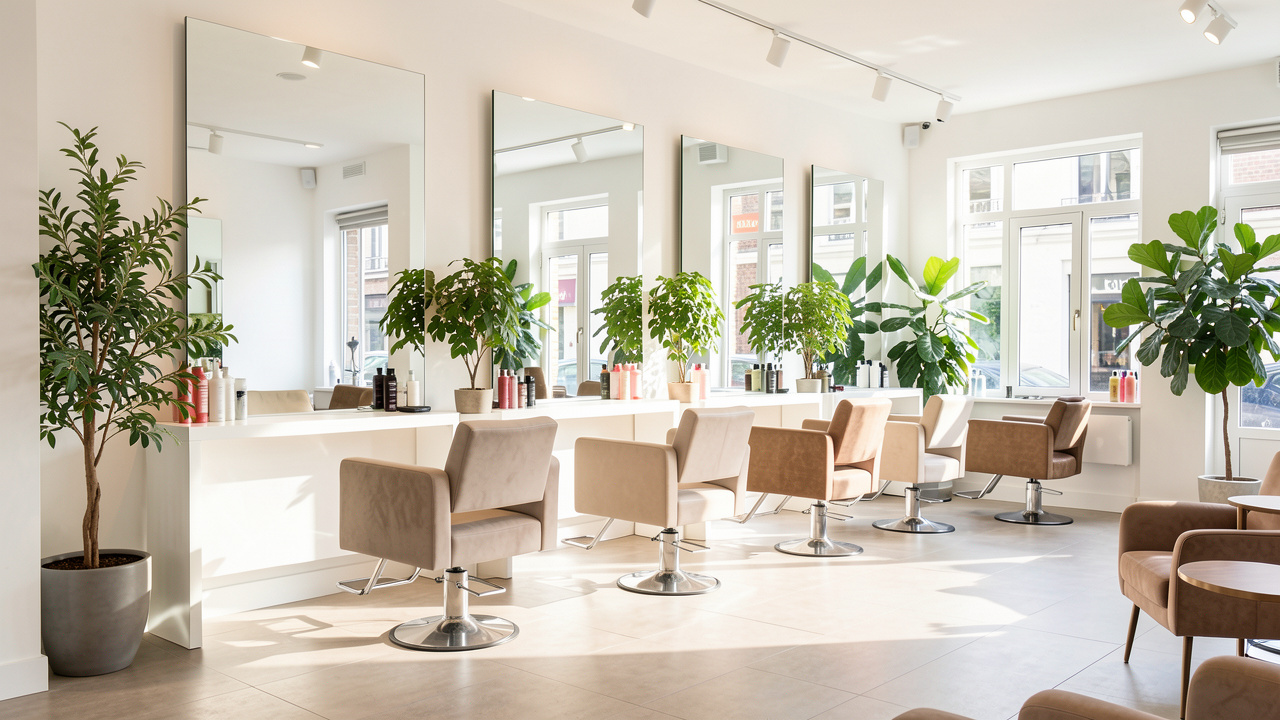 Salon de coiffure moderne et lumineux à Angers, avec fauteuils élégants, grands miroirs, plantes vertes et ambiance professionnelle.